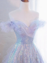 Lovely Off Shoulder A-Line Tulle And Sequins Evening Prom Dresses, Sweetheart Long Evening Dresses