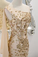 Lovely One Shoulder Champagne Sequins Mermaid Evening Prom Dresses, Champagne Evening Dresses