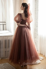 Lovely Puffy Sleeves Tulle Long Party Dresses, Scoop Ball Gown Long Evening Prom Dresses