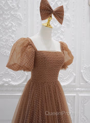 Lovely Simple Tulle Short Sleeves A-Line Party Dresses, Long Tulle Formal Dresses Evening Dresses