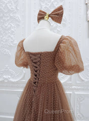 Lovely Simple Tulle Short Sleeves A-Line Party Dresses, Long Tulle Formal Dresses Evening Dresses