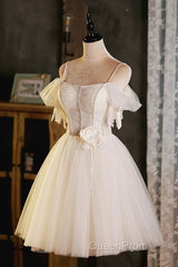 Lovely Spaghetti Strap Tulle Short Evening Prom Dresses, Light Champagne A-Line Evening Party Dresses