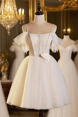 Lovely Spaghetti Strap Tulle Short Evening Prom Dresses, Light Champagne A-Line Evening Party Dresses