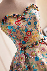 Lovely Sweetheart Floral Sequin Long Evening Prom Dresses, A-Line Strapless Evening Dresses