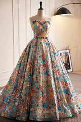 Lovely Sweetheart Floral Sequin Long Evening Prom Dresses, A-Line Strapless Evening Dresses