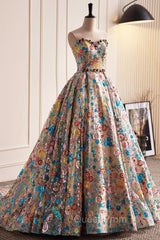 Lovely Sweetheart Floral Sequin Long Evening Prom Dresses, A-Line Strapless Evening Dresses