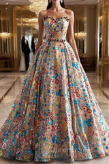 Lovely Sweetheart Floral Sequin Long Evening Prom Dresses, A-Line Strapless Evening Dresses