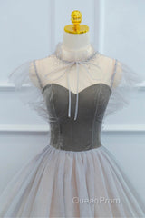 Lovely Velvet And Tulle Floor Length Evening Prom Dresses, Gray A-Line Formal Evening Dresses