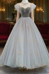 Lovely Velvet And Tulle Floor Length Evening Prom Dresses, Gray A-Line Formal Evening Dresses