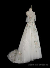 Lovely White Tulle with Floral Lace Off Shoulder Formal Dress, White Tulle Prom Dress