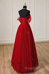 Lovely Wine Red Tulle Sweetheart Off Shoulder Evening Prom Dresses, Wine Red Long Party Dresses