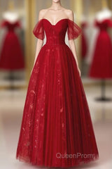Lovely Wine Red Tulle Sweetheart Off Shoulder Evening Prom Dresses, Wine Red Long Party Dresses