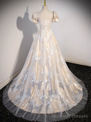 Champagne Tulle Long Formal Dresses, Champagne Short Sleeve Evening Dresses