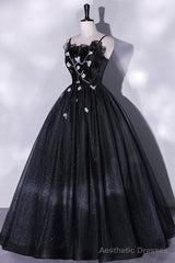 Black Tulle Long A-Line Evening Gown, Black Spaghetti Strap Evening Gown