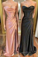 Simple Satin Long Mermaid Evening Prom Dresses, Spaghetti Straps Party Dresses with Slit