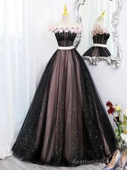Black Tulle and Pink Flowers Party Dress, Black  Off Shoulder Sweet 16 Dress