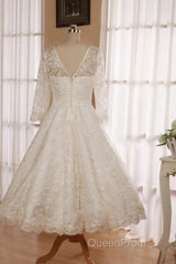 Low V Back Tea Length Lace Wedding Dresses
