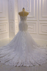 Luxurious 3D Lace Applique High Neck Tulle Mermaid Wedding Dresses