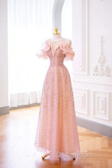 Luxurious A Line Off The Shoulder Pink Tulle Long Evening Prom Dresses