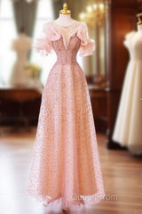 Luxurious A Line Off The Shoulder Pink Tulle Long Evening Prom Dresses