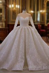Luxurious Ball Gown Long Sleevess 3D Lace Sweetheart Long Wedding Dresses
