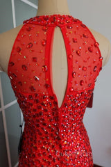 Luxurious Crystal Beaded Halter Mermaid Evening Dresses Leg Split Evening Prom Gowns