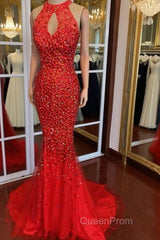 Luxurious Crystal Beaded Halter Mermaid Evening Dresses Leg Split Evening Prom Gowns