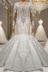 Luxurious Crystals Mermaid Bridal Gowns Long Sleevess Chapel Train Wedding Dresses