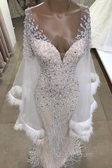 Luxurious Mermaid V-Neck Long Sleevess Crystal Floor Length Evening Prom Dresses With Tassels