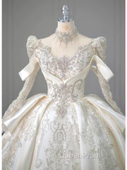 Luxury Ball Gown High Neckline Long Sleeves Sequin White Wedding Dresses Brides Dresses