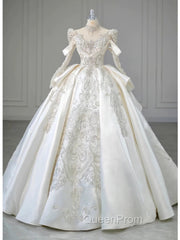 Luxury Ball Gown High Neckline Long Sleeves Sequin White Wedding Dresses Brides Dresses