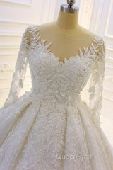Luxury Long Ball Gown Lace Appliques Wedding Dresses with Sleeves
