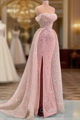 Luxury Mermaid Pink Floor Length Sleeveless Sequin Evening Prom Dresses