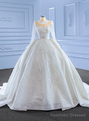 Luxury White Sequins Tulle Long Sleeve Wedding Dress