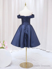 Blue V-neckline Satin Off Shoulder Party Dress, A-Line Blue Short Evening Prom Dress