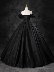 Black Sparkly Tulle Off the Shoulder Long Formal Dress, Elegant A-Line Black Evening Party Dress
