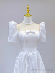 White Satin Short Sleeve Floor Length Prom Dress, White A-Line Party Dress