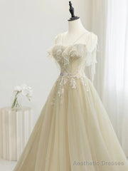 Cute Tulle Sequins Floor Length Prom Dress, Beautiful Spaghetti Strap Evening Party Dress
