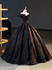 Black V-Neck Floor Length Formal Dress, A-Line Off the Shoulder Evening Party Dress