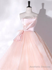 Pink Strapless Tulle Long Formal Dress, Pink A-line Prom Dress with Feathers