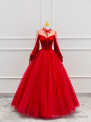 Red Velvet Tulle Floor Length Prom Dress, Beautiful Long Sleeve Evening Party Dress