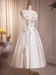 White Spaghetti Strap Satin Short Prom Dress, White V-Neck Evening Party Dress