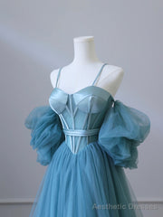 Fairy Blue Spaghetti Straps Corset Tulle Prom Dress, Detachable off Shoulder Party Dress