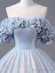 Blue Tulle Sequins Long Formal Dress, Off the Shoulder Princess Dress Sweet 16 Dress