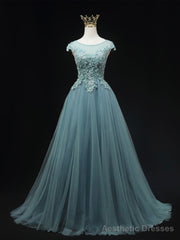 Blue Scoop Neckline Tulle Lace Long Prom Dress, Beautiful Lace Formal Evening Dress