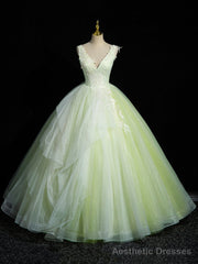 Green V-Neck Tulle Lace Long Prom Dress, A-Line Sleeveless Evening Dress
