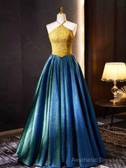 Retro Halter Neck Long Prom Dress, Elegant A-Line Evening Party Dress