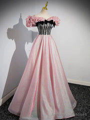 A-Line Shiny Tulle Long Pink Corset Prom Dress, Off the Shoulder Pink Evening Dress