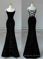 Black Mermaid Sequins Long Formal Dress, Black Straps Long Evening Dress