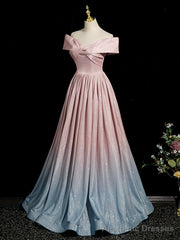 Pink Gradient Shiny Floor Length Prom Dress, Off Shoulder A-Line Evening Party Dress